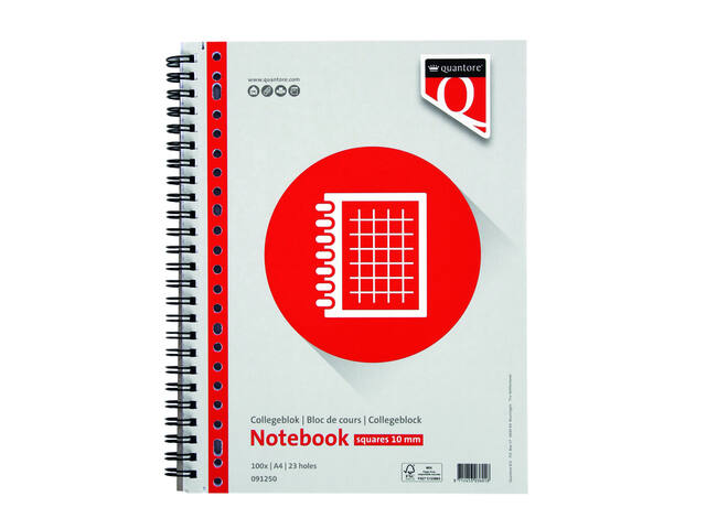 Collegeblok Quantore A4 ruit 10mm 23-gaats 200pg
