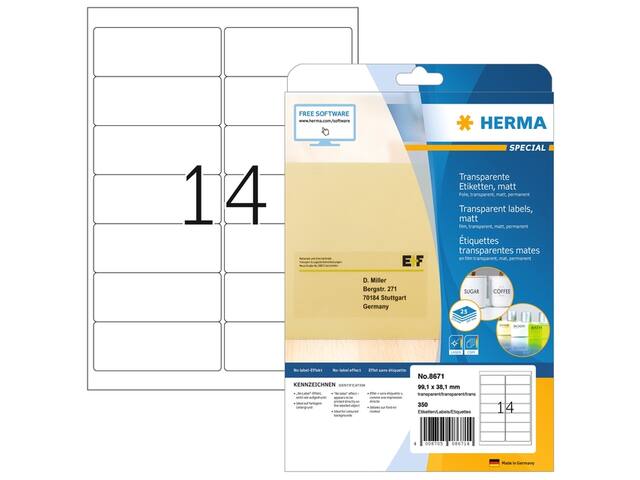Etiket HERMA 8671 A4 99.1x38.1 folie transp mat