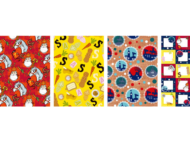 Inpakpapier Sint 200x70cm set a 3 rol+stickervel