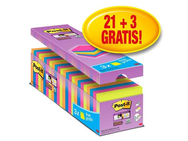 Memoblok Post-it 654 Super Sticky 76x76mm 21+3 ass