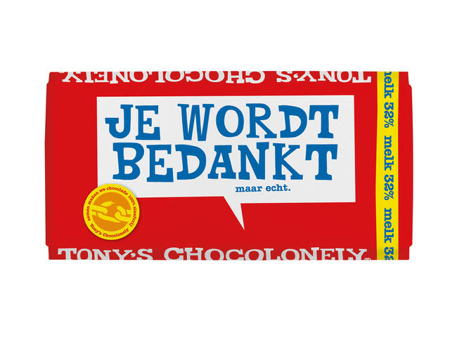 Chocolade Tony Chocolonely melk bedankt reep 180gr