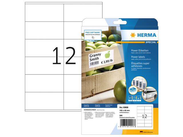 Etiket HERMA Power 10908 105x48mm wit 300st