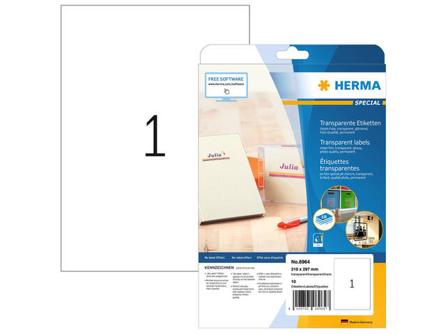 Etiket HERMA 8964 210x297mm 10st transp glanzend