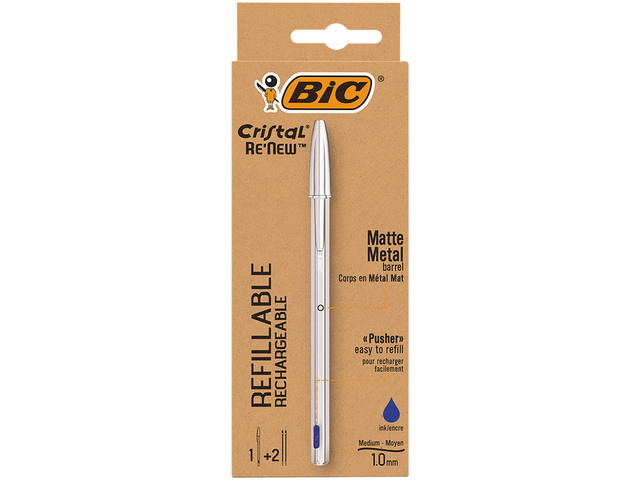 Balpen Bic Cristal Re-new 1 pen + 2 vull M blauw