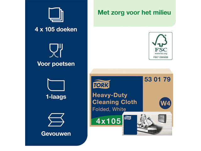 Reinigingsdoek Tork W4 gevouwen wit 530179