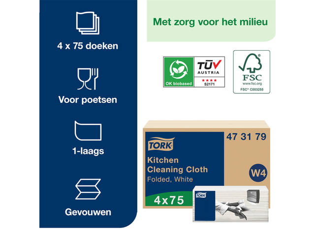 Reinigingsdoek Tork W4 gevouwen 1laags wit