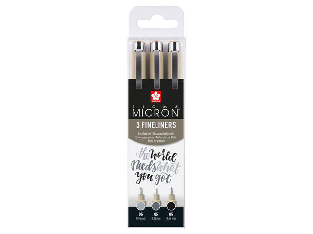 Fineliner Sakura Pigma Micron 05 set zw gr 3 maten