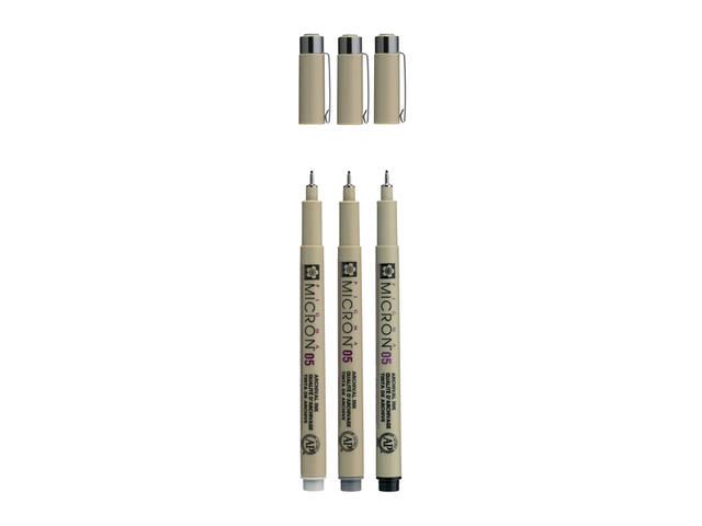 Fineliner Sakura Pigma Micron 05 set zw gr 3 maten
