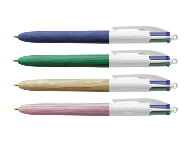 Balpen Bic 4kleuren wood M assorti