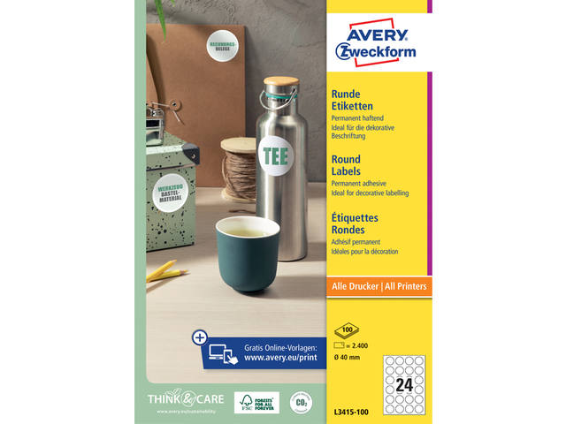Etiket Avery L3415 rond 40mm wit 2400st