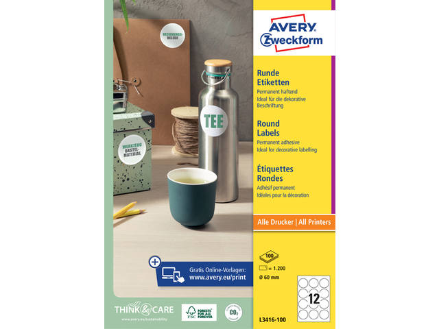 Etiket Avery L3416 rond 60mm wit 1200st