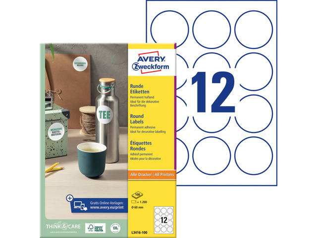 Etiket Avery L3416 rond 60mm wit 1200st