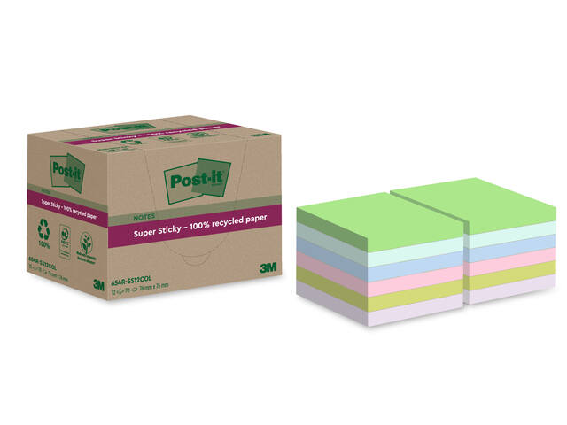Memoblok Post-it 654 RSS12COL 76x76mm recy colour