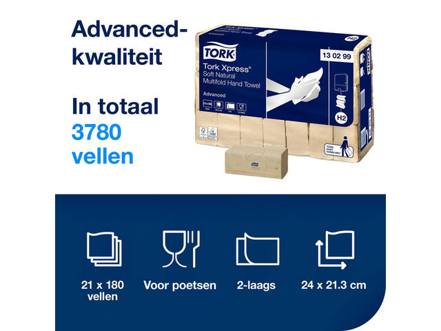 Handdoek Tork H2 Advanced 2laags 213x240mm naturel