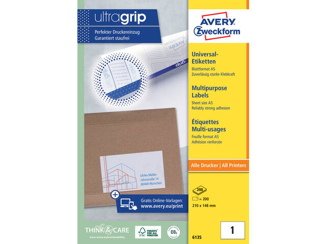 Etiket Avery 6135 210x145mm wit 200st