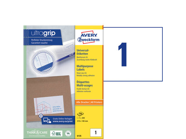 Etiket Avery 6135 210x145mm wit 200st