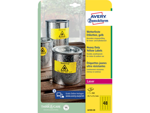 Etiket Avery L6103-20 45.7x21.2mm geel 960st