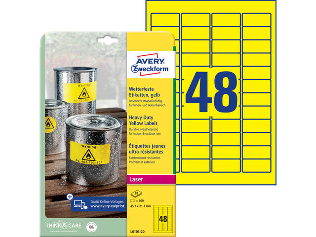Etiket Avery L6103-20 45.7x21.2mm geel 960st