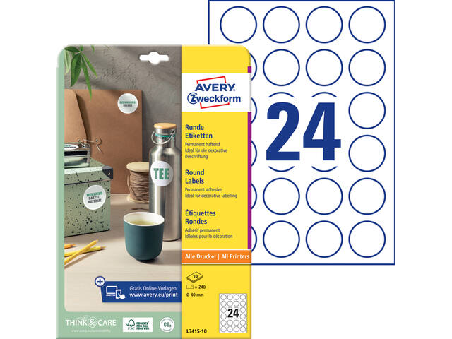 Etiket Avery L3415-10 rond 40mm wit 240st