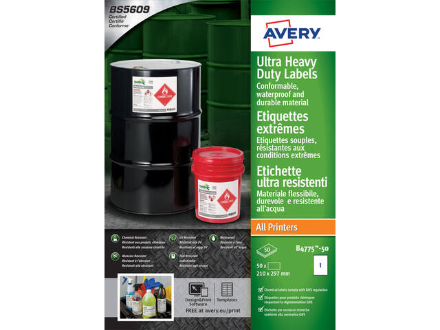 Etiket Avery B4775-50 210x297mm PE wit 50st