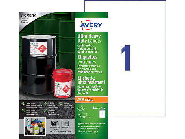 Etiket Avery B4775-50 210x297mm PE wit 50st