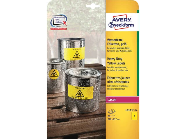 Etiket Avery L6111-20 210x297mm geel 20st