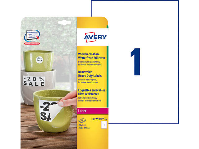 Etiket Avery L4775REV-20 210x297mm wit 20st