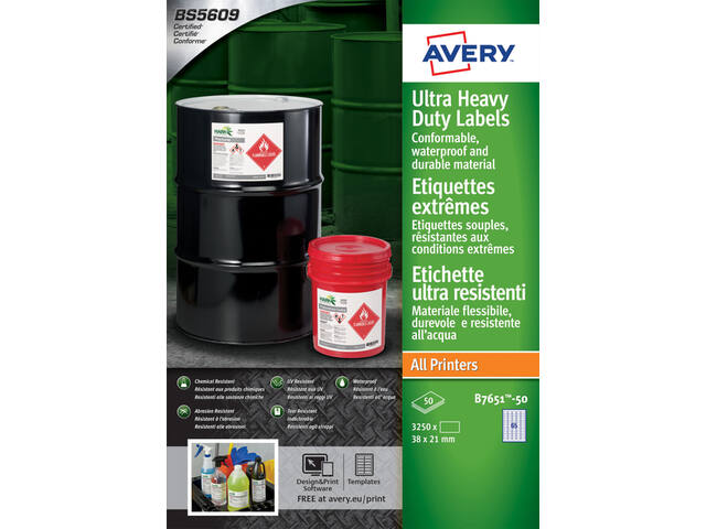 Etiket Avery B7651-50 38x21mm polyester wit 3250st