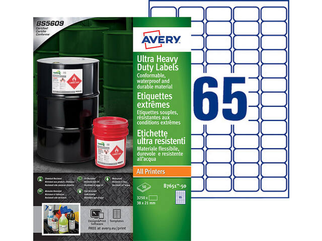 Etiket Avery B7651-50 38x21mm polyester wit 3250st