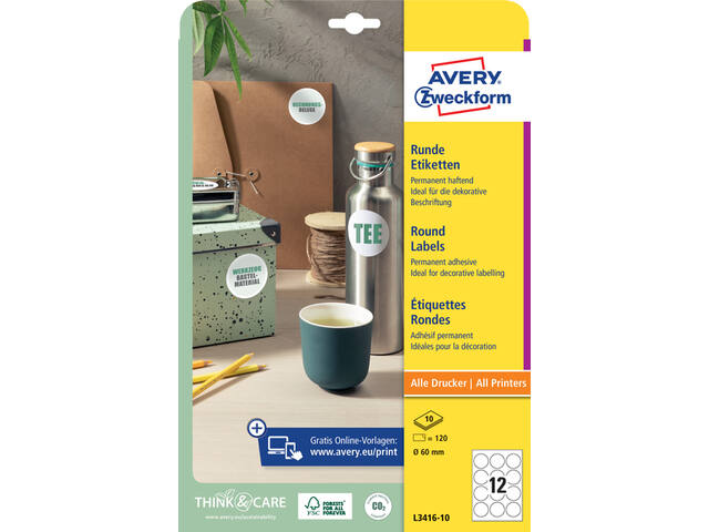 Etiket Avery L3416-10 rond 60mm wit 120st