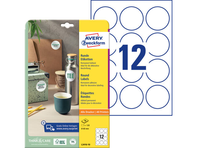 Etiket Avery L3416-10 rond 60mm wit 120st