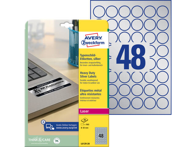 Etiket Avery L6129-20 rond 30mm zilver 960st
