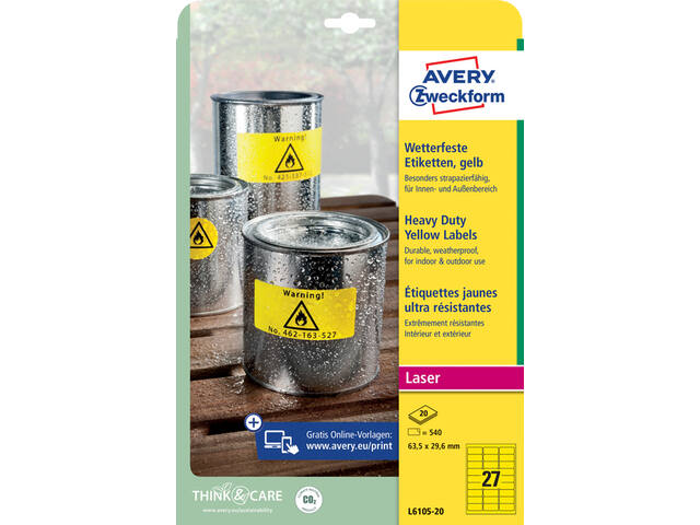 Etiket Avery L6105-20 63.5x29.6mm geel 540st