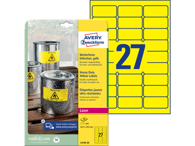 Etiket Avery L6105-20 63.5x29.6mm geel 540st
