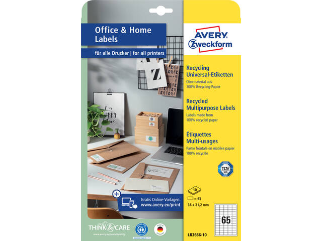 Etiket Avery LR3666-10 38x21.2 recycled wit 650st