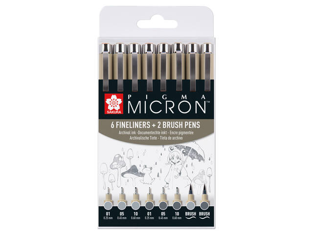 Fineliner Sakura PM 6 breedtes en 2 brushpen grijs