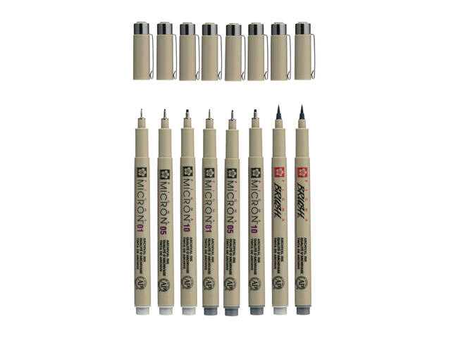 Fineliner Sakura PM 6 breedtes en 2 brushpen grijs