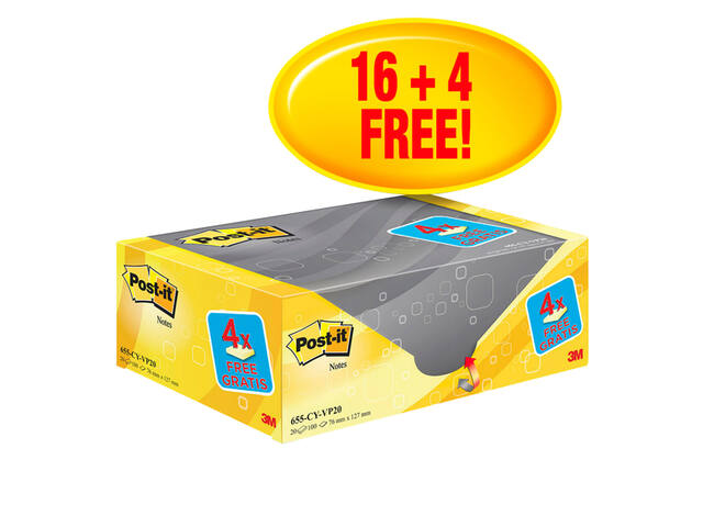Memoblok 3M Post-it 655 76x127mm geel 16+4 gratis
