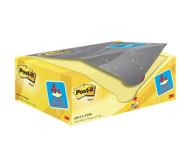 Memoblok 3M Post-it 655 76x127mm geel 16+4 gratis