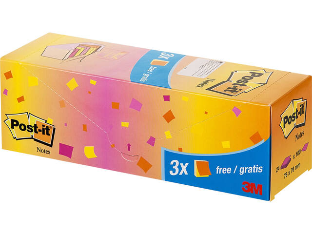 Memoblok 3M Post-it 654 76x76mm neon assorti 21+3