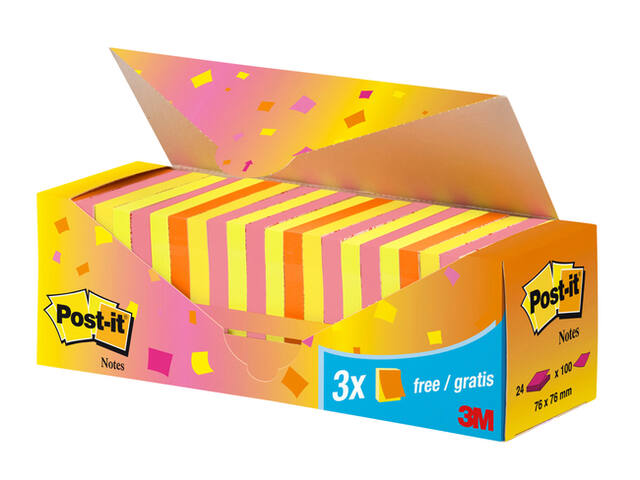 Memoblok 3M Post-it 654 76x76mm neon assorti 21+3