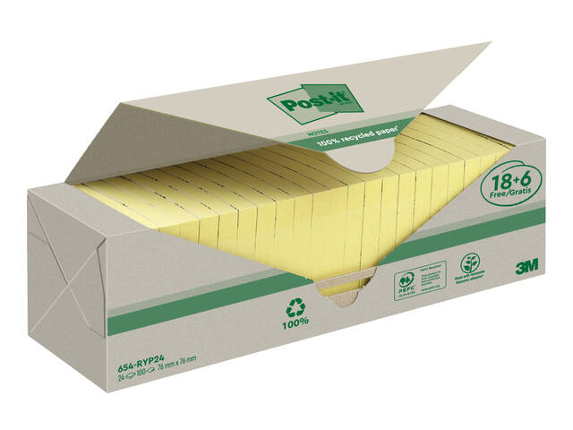 Memoblok 3M Post-it 654 76x76mm recycle geel 18+6