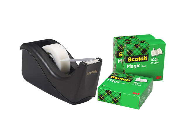 Plakbandhouder Scotch C60 zwart + 4 rol Magic tape