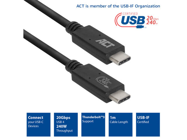 Kabel ACT USB-C USB 4 20Gbps Thunderb. 3 1 meter