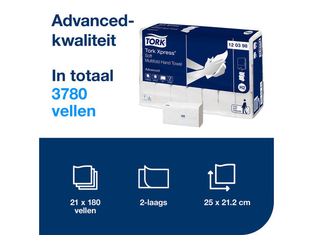 Handdoek Tork H2 Advanced 2laags 212x255mm wit