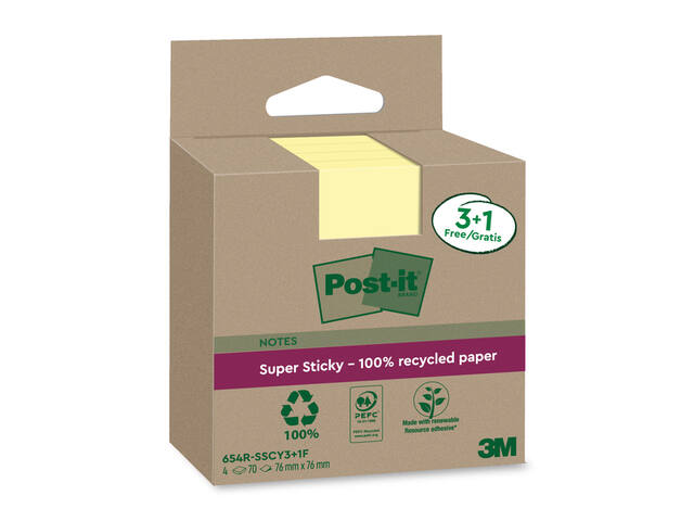 Memoblok 3M Post-it 654 RSSCOL 76x76mm geel 3+1