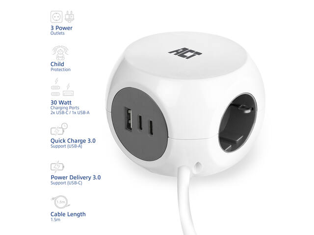 Stekkerblok ACT 3vdig incl 2x USB C/A wt/gs