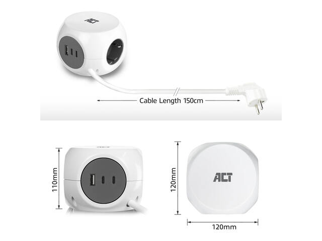 Stekkerblok ACT 3vdig incl 2x USB C/A wt/gs