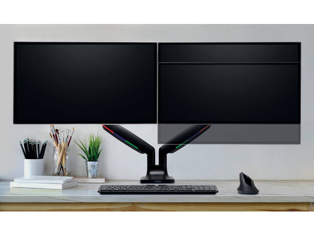 One-touch in hoogte verstelbare dubbele monitorarm