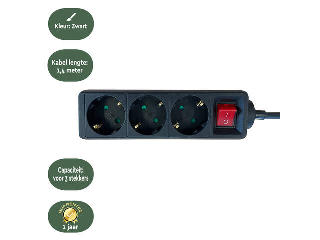 Stekkerdoos BRASQ  3 voudig 1.4 meter zwart